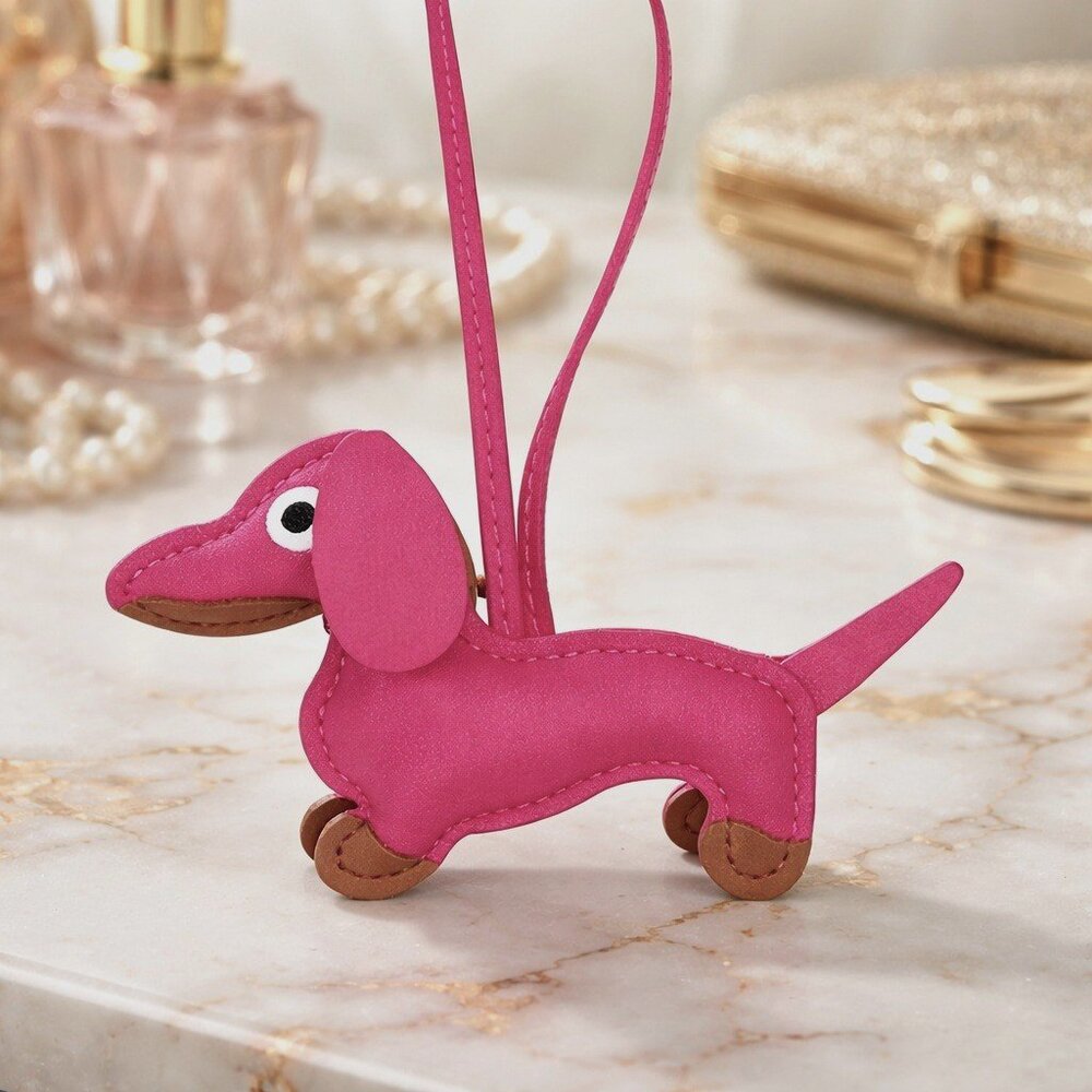 Pink Dachshund Leather Bag Charm Keychain Dog Purse Accessory - Picture 5 of 6